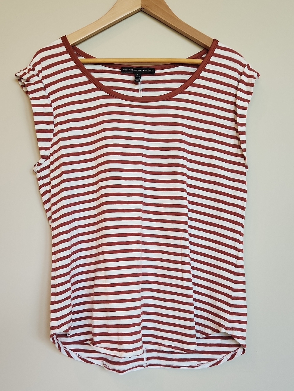 WHBM Rust & White Striped Scoop Neck Cap Sleeve Tee, Size L